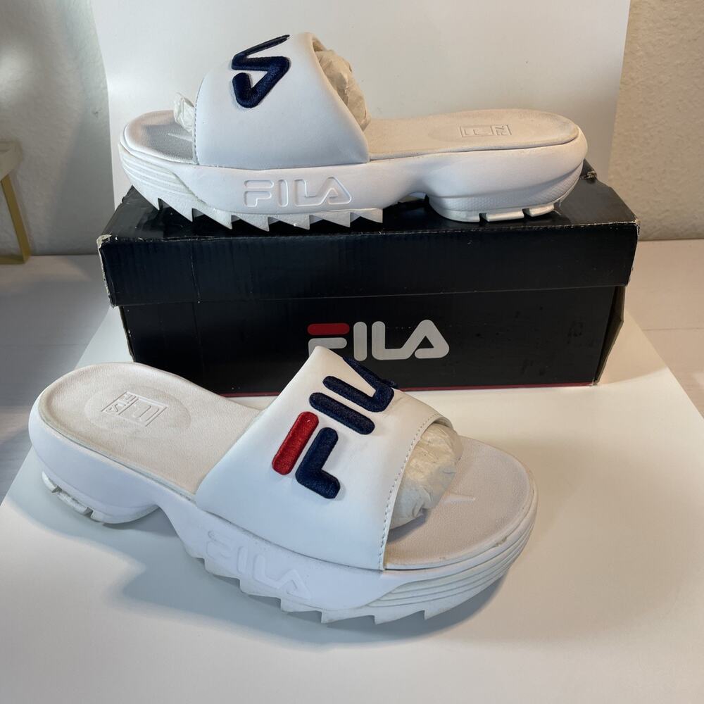 Fila Disruptor Bold Slide White Navy Red W Sz 9 Platform 5SM00079